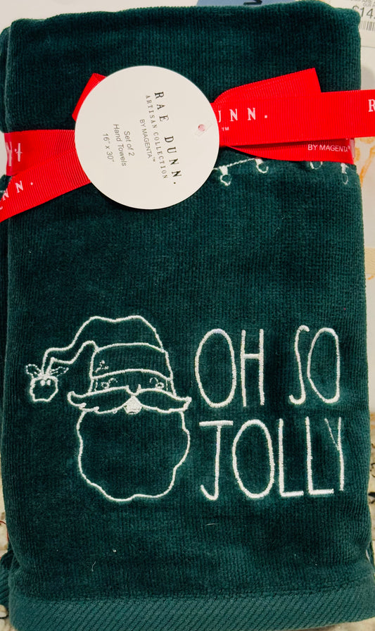 New Rae Dunn Christmas 2-piece bathroom hand towel set green OH SO JOLLY