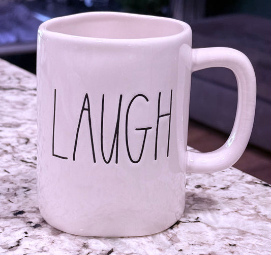 Rae Dunn white ceramic coffee mug LAUGH