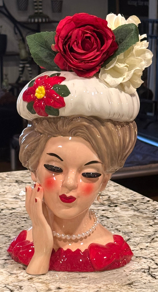 New December Diamonds poinsettia hat Christmas Vintage Lady Head Vase