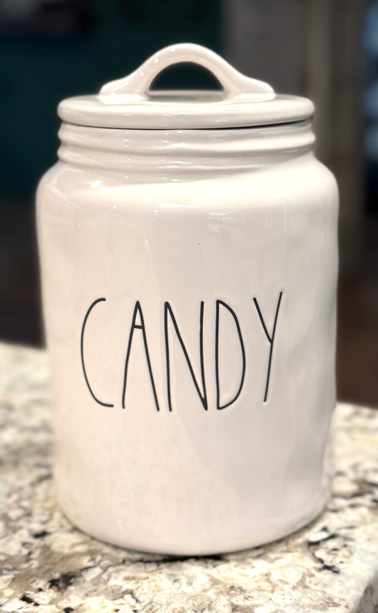 New Rae Dunn white ceramic CANDY canister 9”