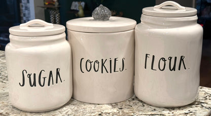 Rae Dunn white ceramic script canister set COOKIES with crown top 8”, FLOUR 8.5”, SUGAR 7.5” rare set