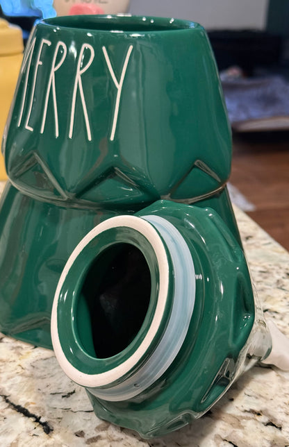New Rae Dunn green 11” ceramic Christmas tree cookie jar canister decor MERRY