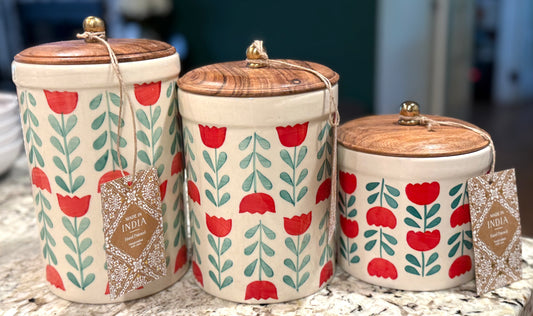 New Made in India 3-piece floral print ceramic canister set 8.5, 7.5, 5.25”