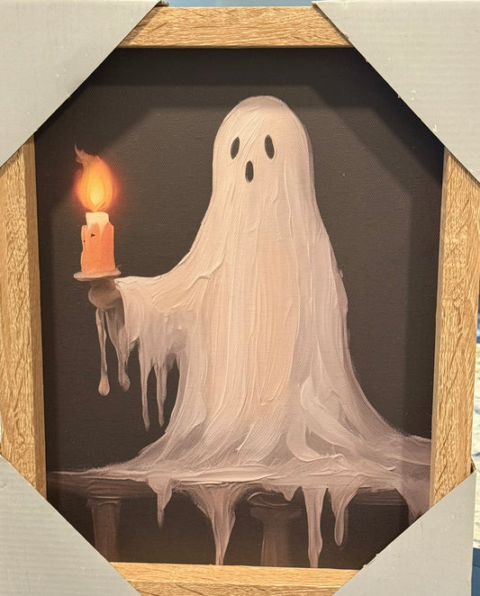 New wood framed ghost with candle Halloween picture wall decor 11x14