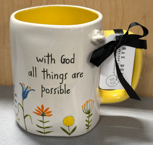 New Rae Dunn white floral ceramic coffee mug WITH GOD ALL THINGS ARE POSSIBLE