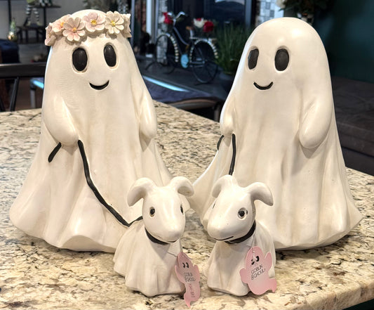 New large size Halloween Ghost & Dog walking resin set, girl/boy both included!! 12x15