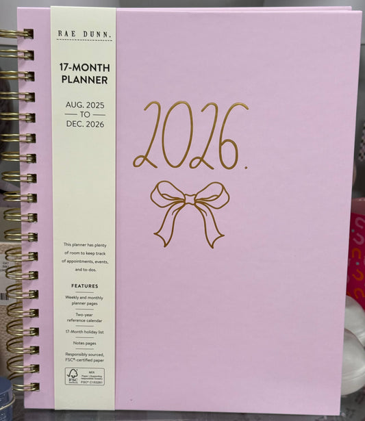 New Rae Dunn 2025/2026 Planner pink bow 🎀 gold trim, spiral, hardback