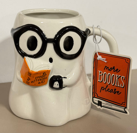 New white ceramic ghost reading with glasses Halloween coffee mug