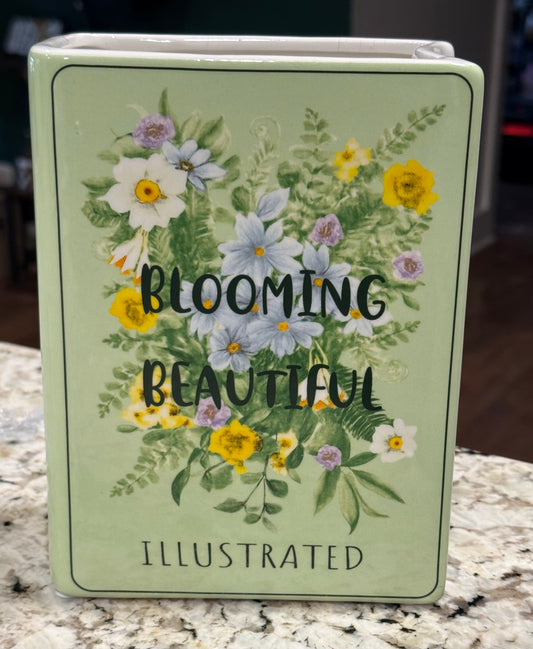New green ceramic BLOOMING BEAUTIFUL floral book vase 8x6