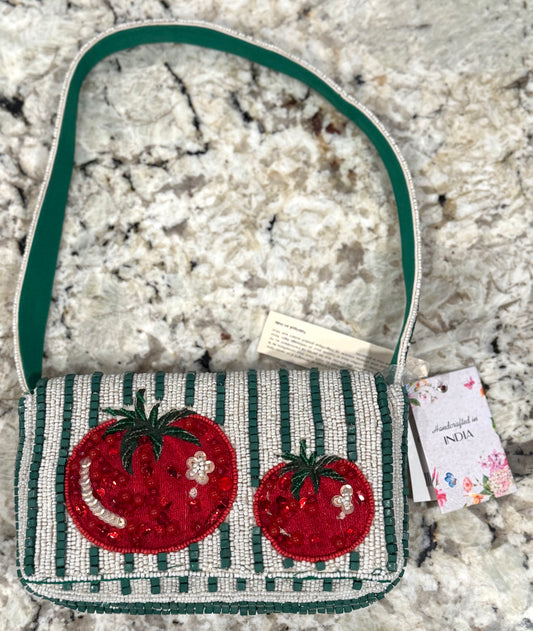 New beaded Made In India green & white striped tomato print purse shoulder bag handbag