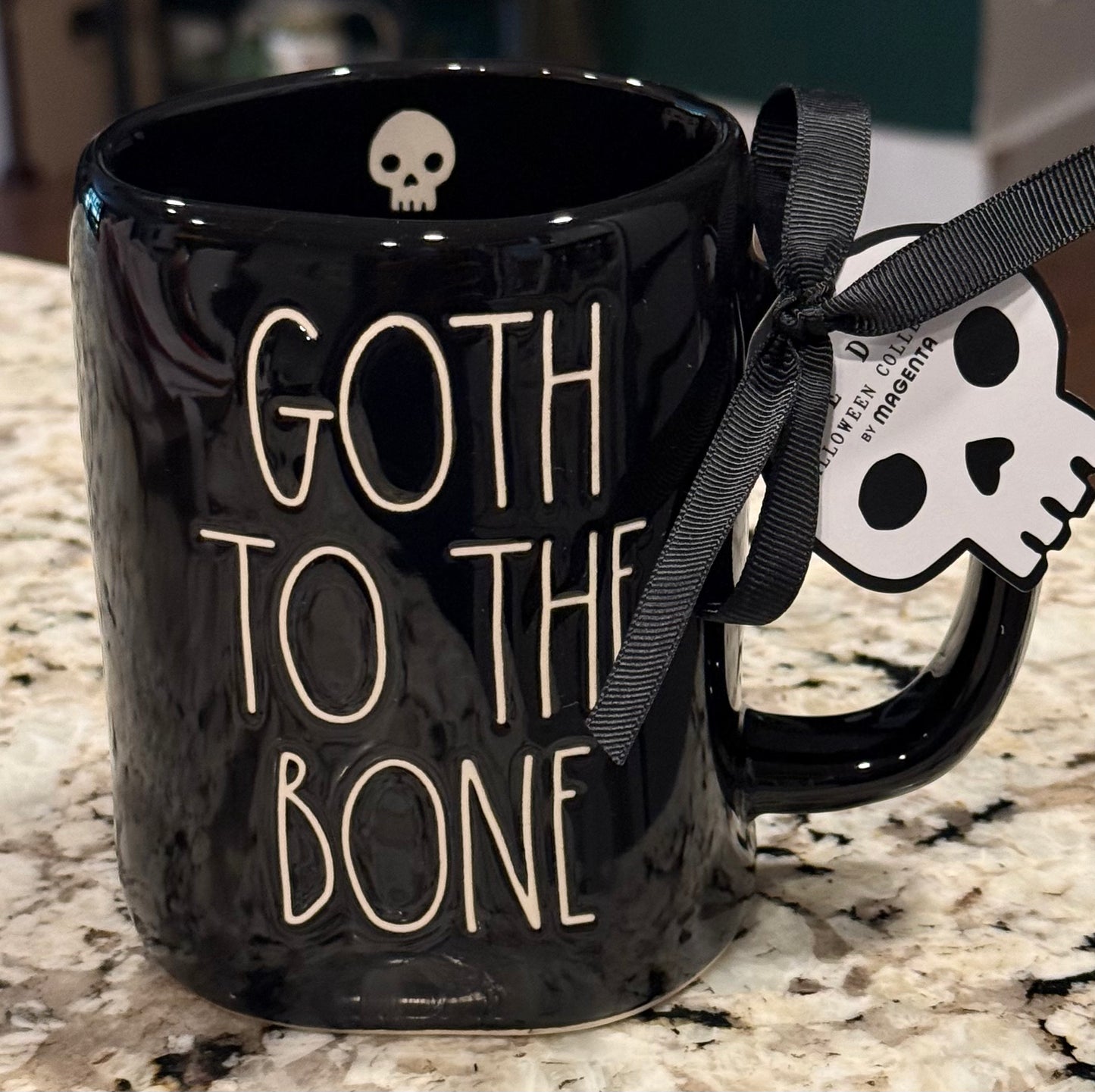 New Rae Dunn black iridescent ceramic Halloween coffee mug GOTH TO THE BONE