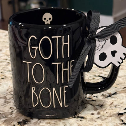 New Rae Dunn black iridescent ceramic Halloween coffee mug GOTH TO THE BONE