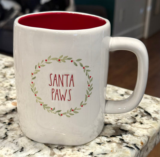 New Rae Dunn white ceramic coffee mug SANTA PAWS