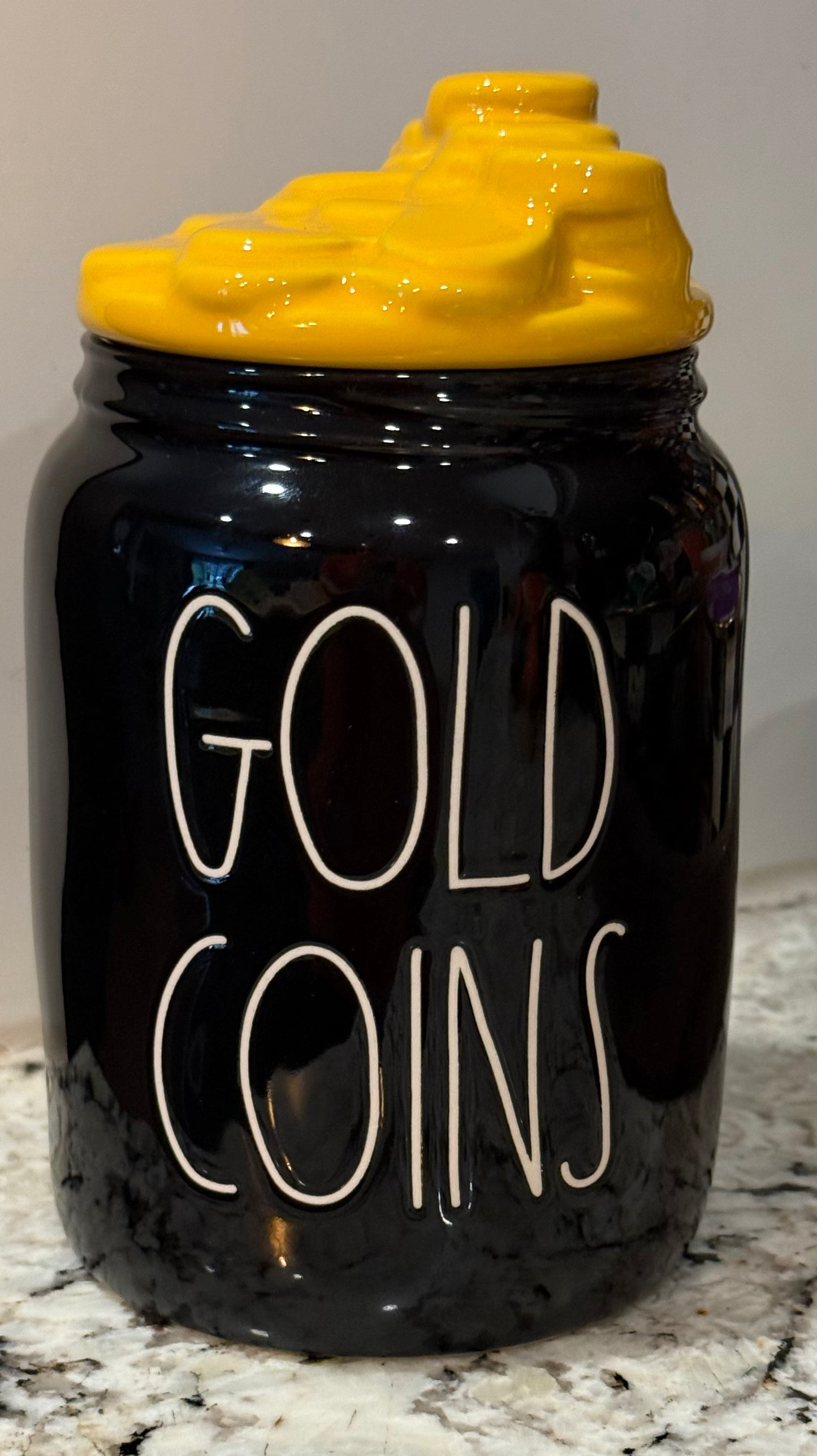 New Rae Dunn black ceramic GOLD COINS container 5”