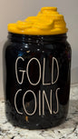 New Rae Dunn black ceramic GOLD COINS container 5”