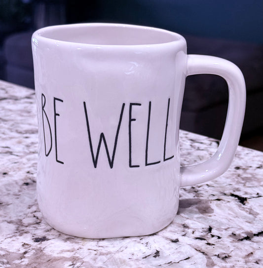 Rae Dunn white ceramic coffee mug BE WELL