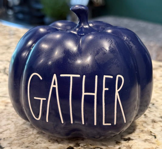 New Rae Dunn small blue ceramic pumpkin GATHER