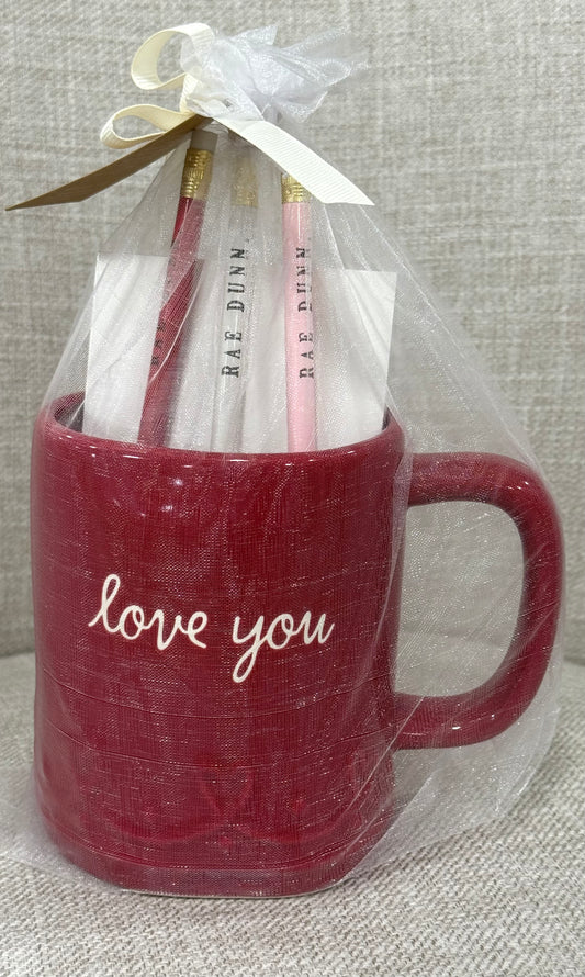 New Rae Dunn red ceramic mug & notpad set LOVE NOTES/ LOVE YOU