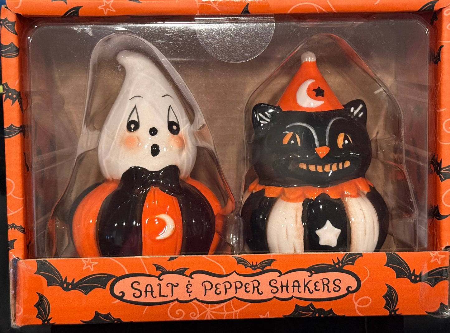 New Joanna Parker ceramic ghost and cat salt and pepper Halloween shaker set