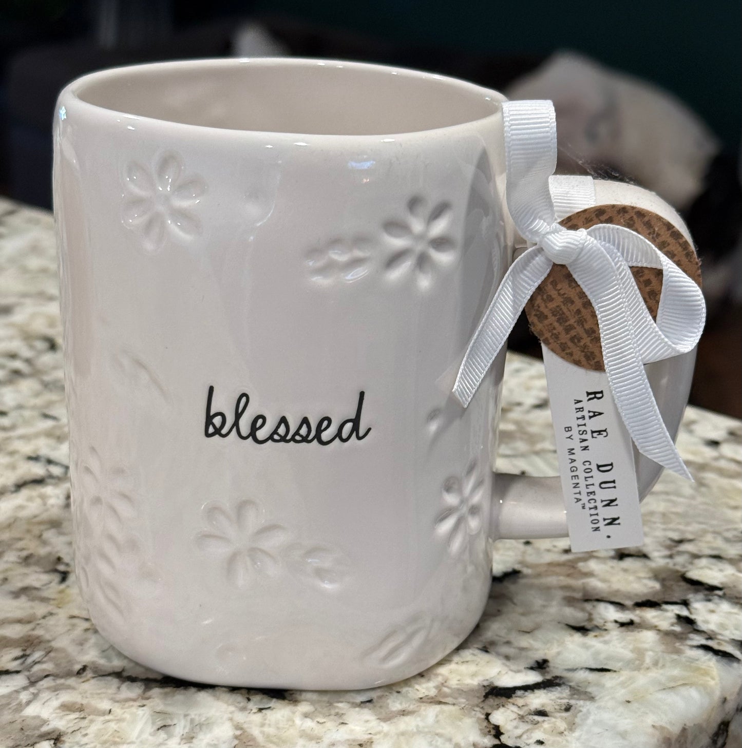 New Rae Dunn white ceramic floral engraved coffee mug BLESSED