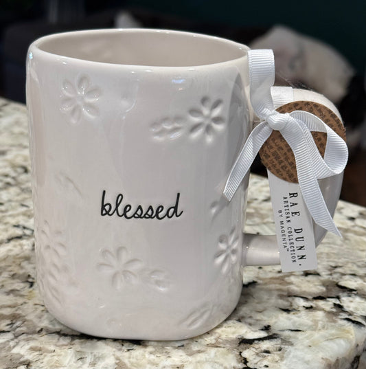 New Rae Dunn white ceramic floral engraved coffee mug BLESSED