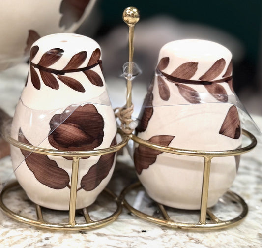 New Made in India brown floral ceramic salt & pepper shaker set
