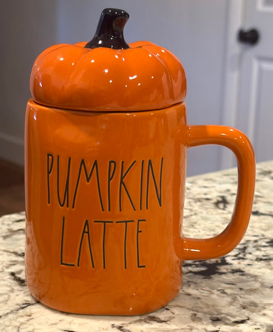 New Rae Dunn orange ceramic pumpkin topped coffee mug  PUMPKIN SPICE LATTE