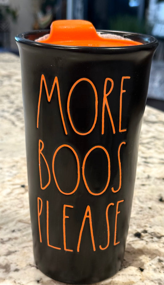 New Rae Dunn black ceramic Halloween travel coffee mug MORE BOOS PLEASE