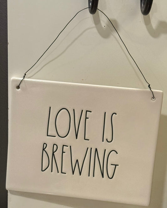 New Rae Dunn white ceramic hanging wall sign LOVE IS BREWING