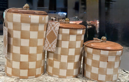 New ceramic 3-piece Made in India butter check canister decor set 9, 7, 5” sizes. Wood lid, hand painted