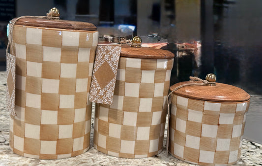 New ceramic 3-piece Made in India butter check canister decor set 9, 7, 5” sizes. Wood lid, hand painted