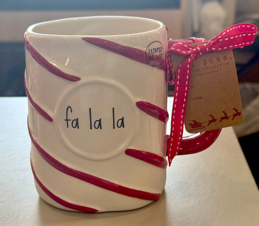 New Rae Dunn ceramic Christmas coffee mug FA LA LA red striped