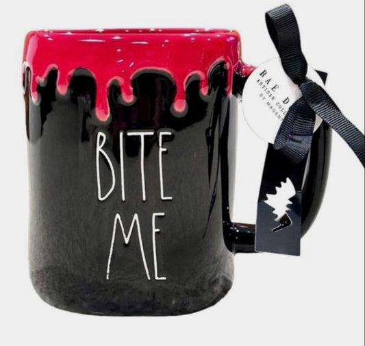 New Rae Dunn black ceramic red drip coffee mug BITE ME