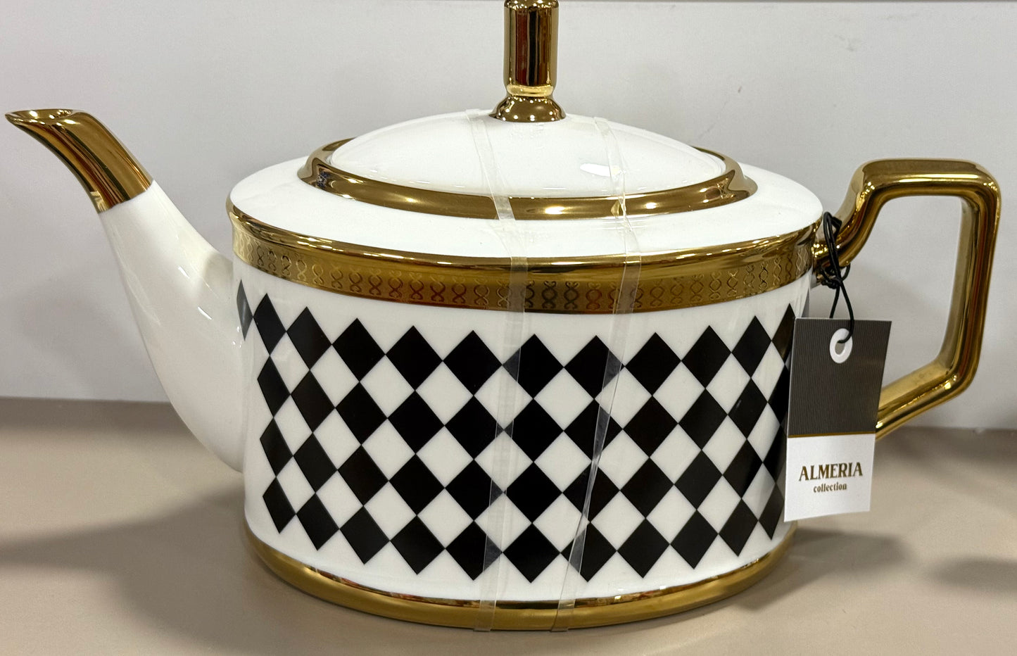 New ceramic gold checked teapot and sugar storage set