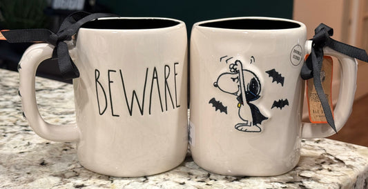 New Rae Dunn x Peanuts Snoopy ceramic Halloween coffee mug BEWARE