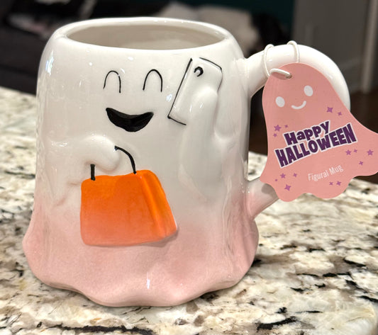 New white & pink ghost shopping bag ceramic coffee mug Halloween decor