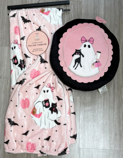 New pink Halloween ghost & cat pillow and blanket gift set decor 60x70