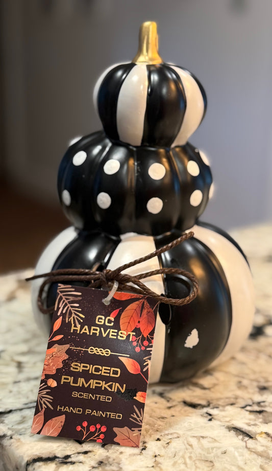 New black & white ceramic scented leaning stacked pumpkin decor 7.25”