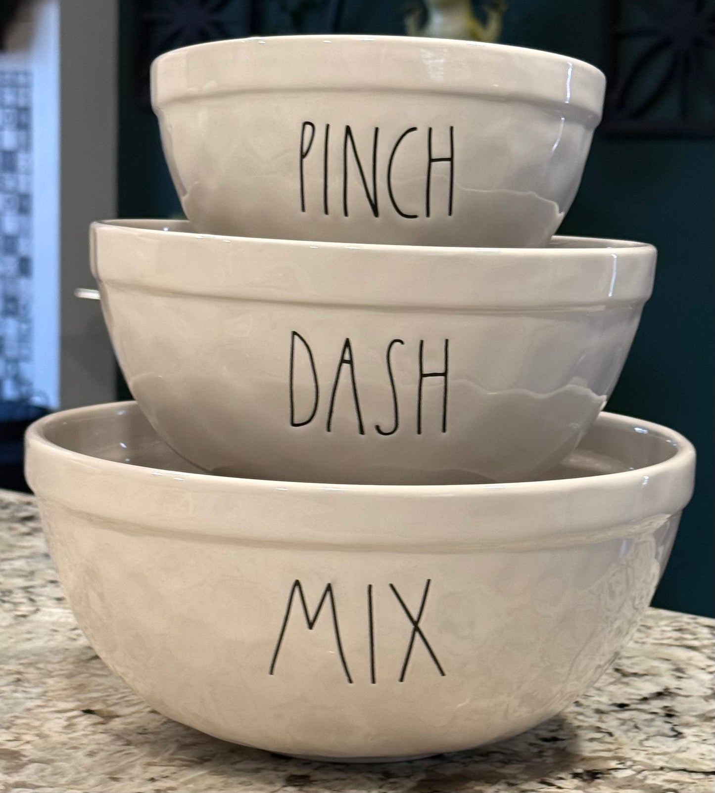 Rae Dunn white ceramic 2017 dimpled 3-piece bowl set PINCH DASH MIX no flaws, beautiful dimples!