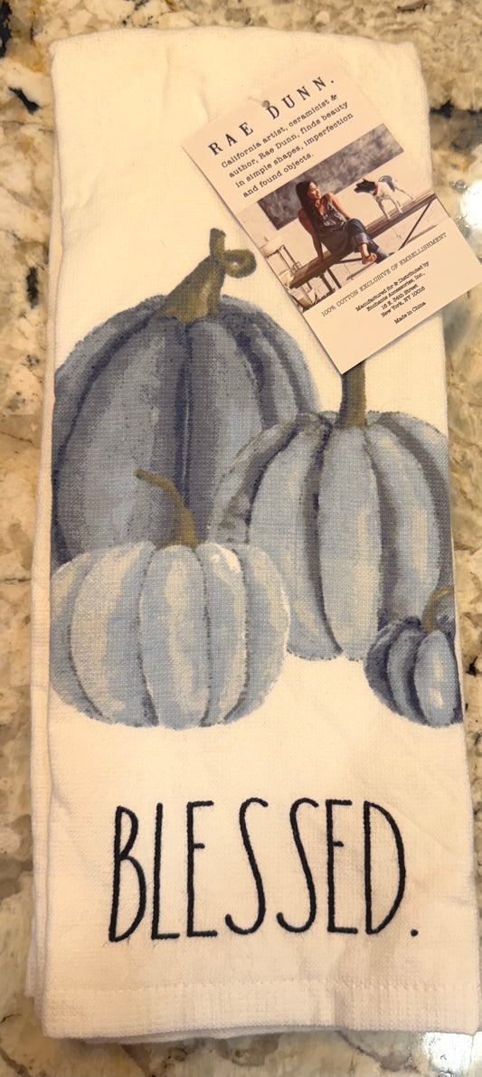 New Rae Dunn 2-piece kitchen fall towel set blue pumpkin BLESSED