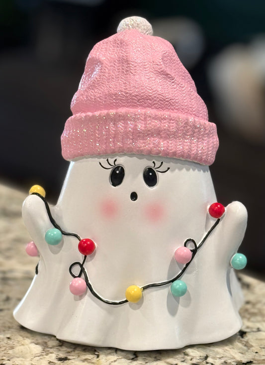 New resin Christmas light string wrapped ghost decor, pink hat