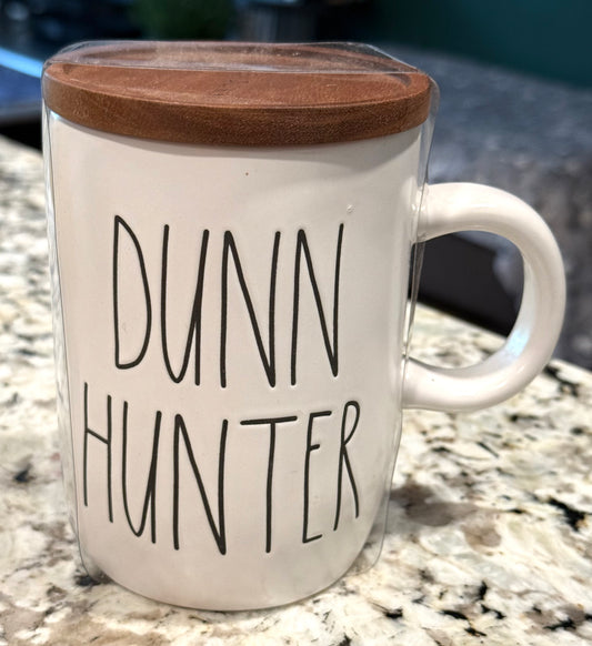 New Rae Dunn white ceramic  coffee mug with coaster top DUNN HUNTER
