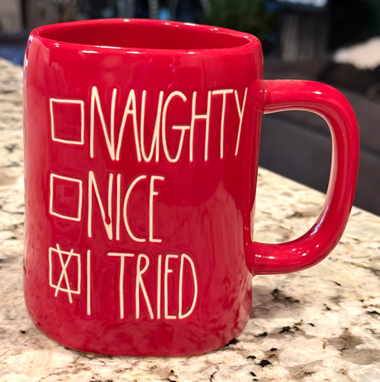 New Rae Dunn red ceramic coffee mug NAUGHTY, NICE, I TRIED