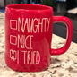 New Rae Dunn red ceramic coffee mug NAUGHTY, NICE, I TRIED