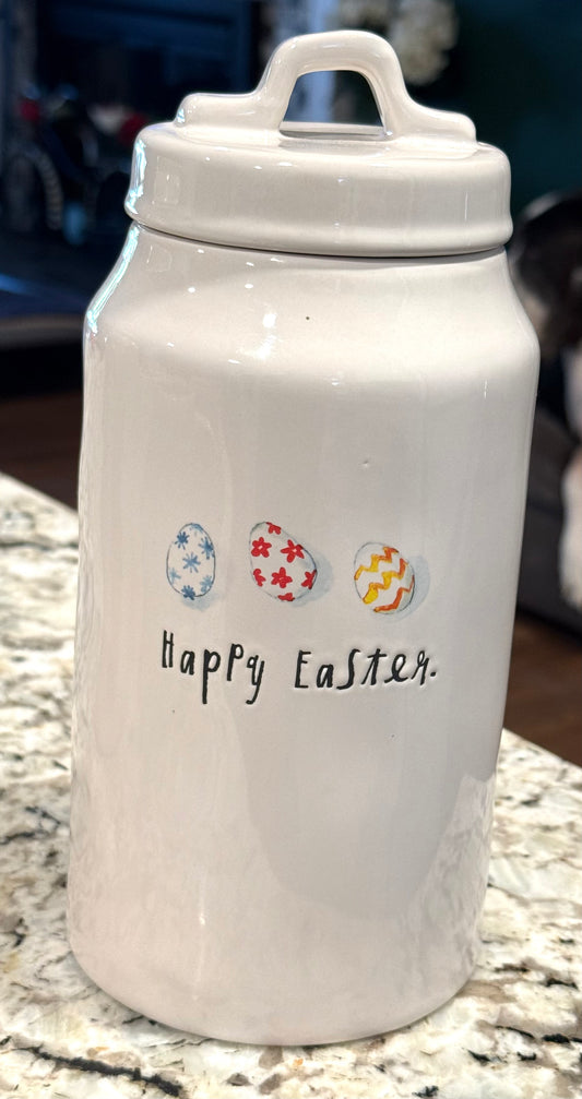 New Rae Dunn retired ceramic 3-dotted egg Happy Easter canister