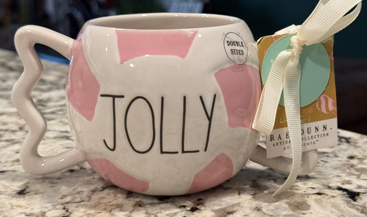 New Rae Dunn pink striped ceramic coffee mug JOLLY