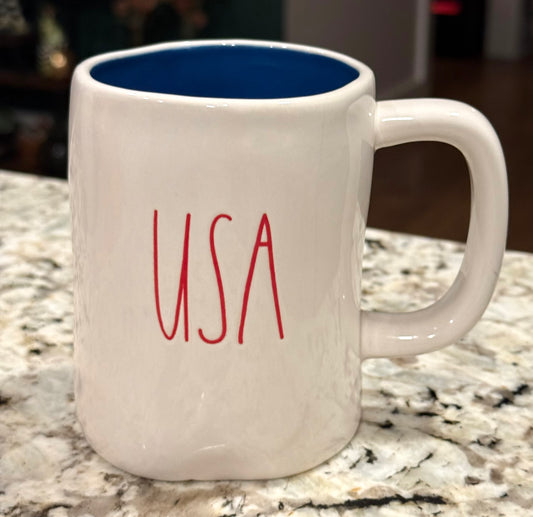 New Rae Dunn Americana white ceramic blue interior coffee mug USA
