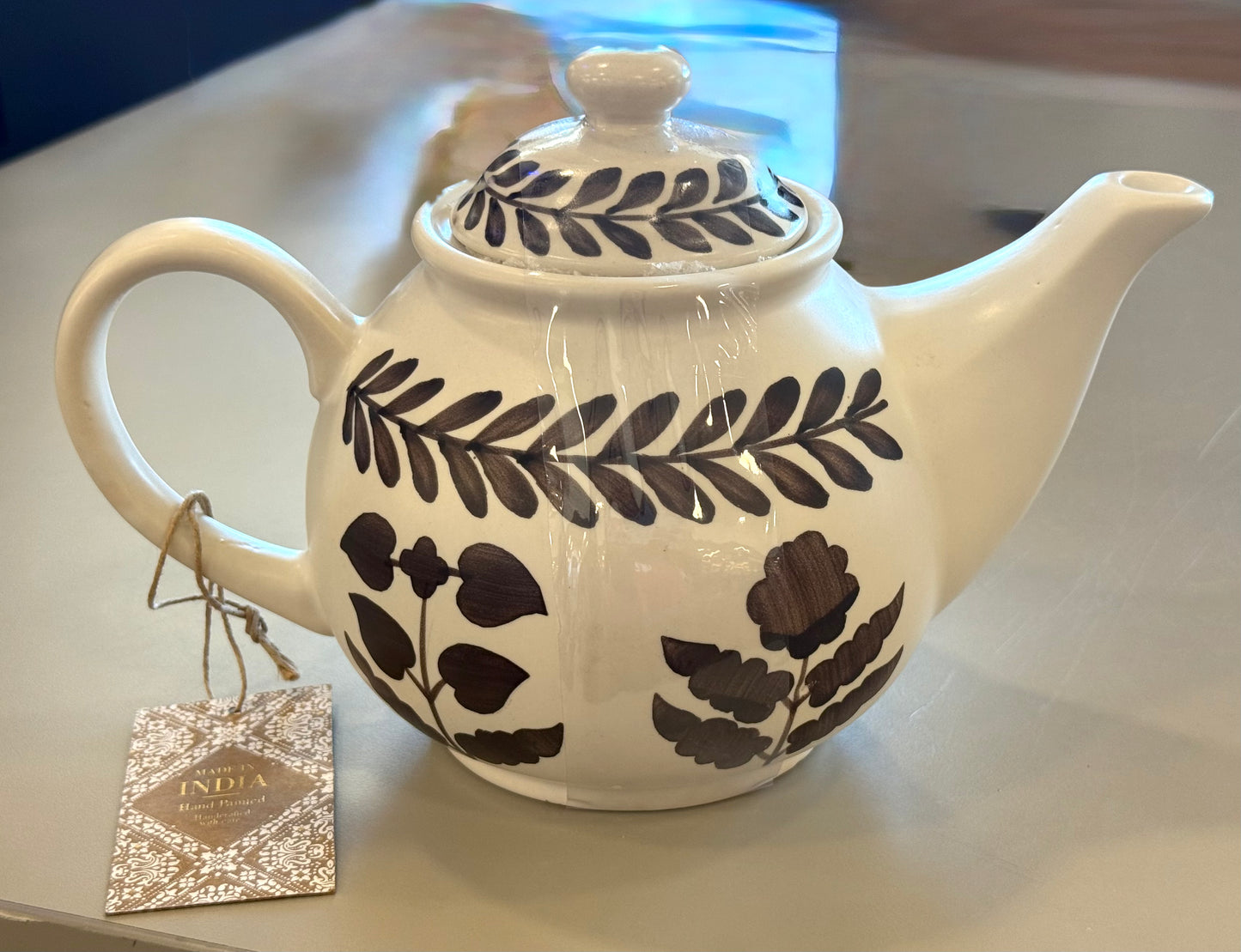New hand painted, ceramic brown floral Made in India teapot decor