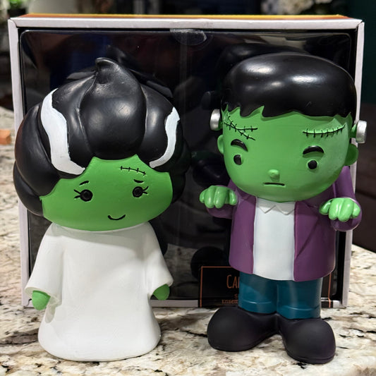 New Candy Corn Lane 7” resin Frankenstein & Bride boxed decor set