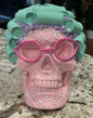 New pink Halloween skull lady with hair curlers 7x6.5
